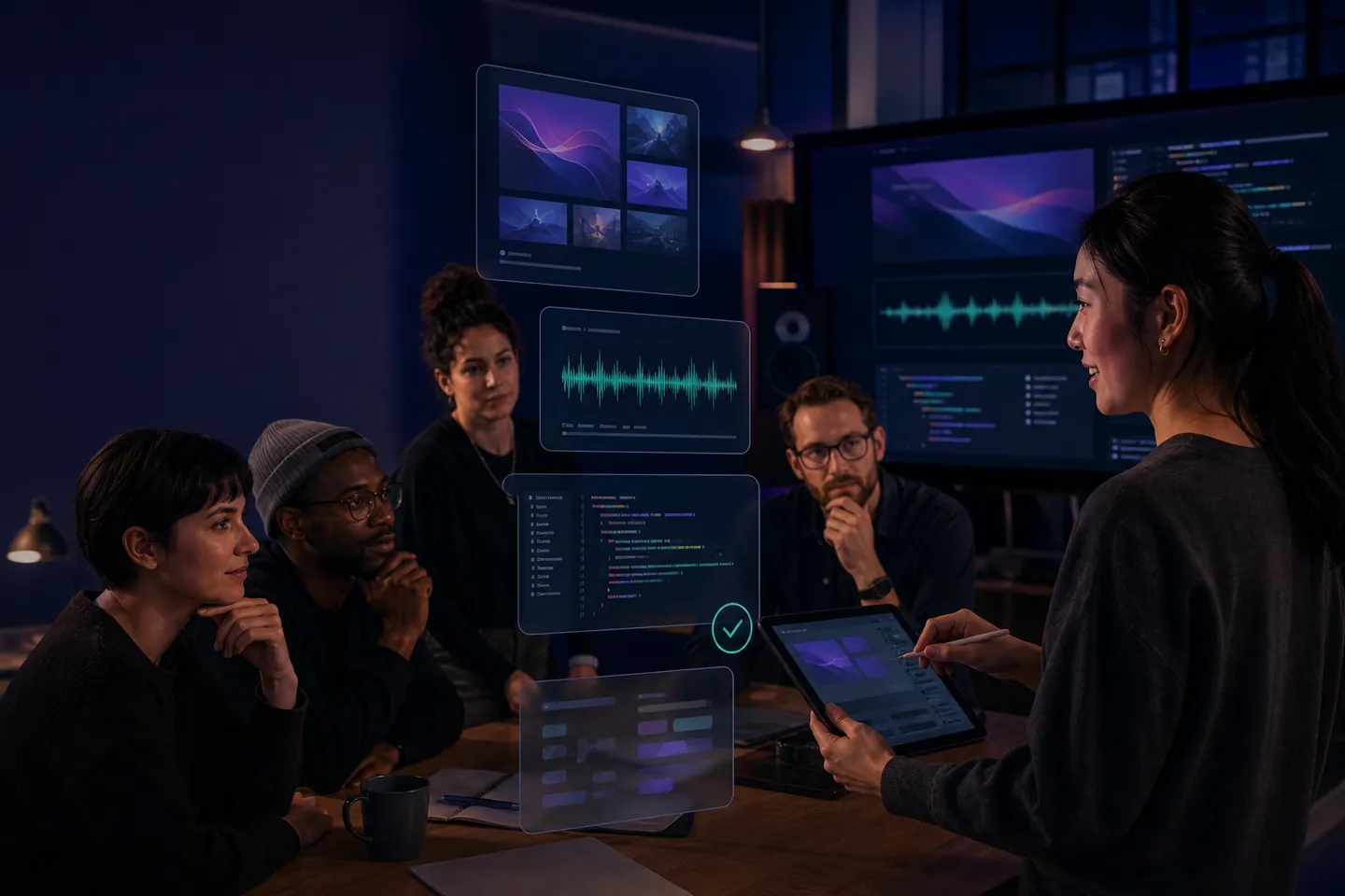 Independent creators reviewing a finished interface kit, code project and audio pack together.