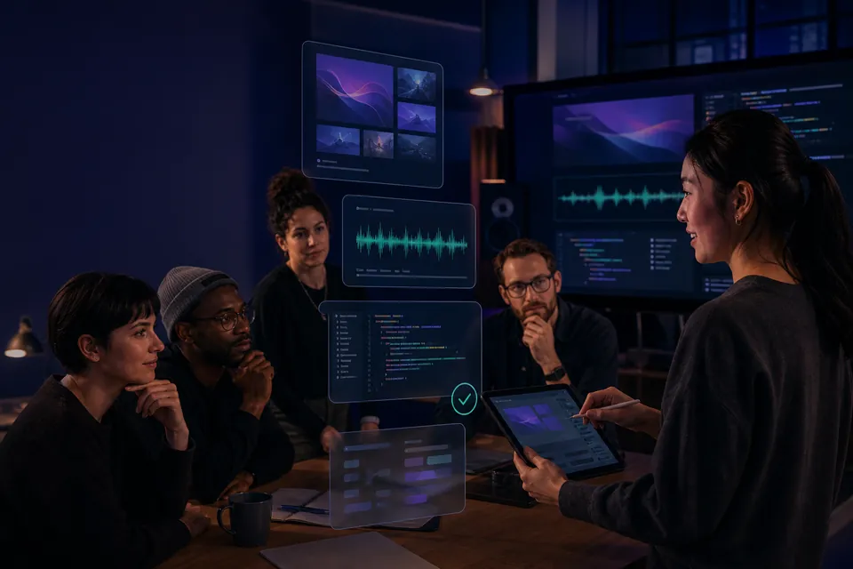 Independent creators reviewing a finished interface kit, code project and audio pack together.