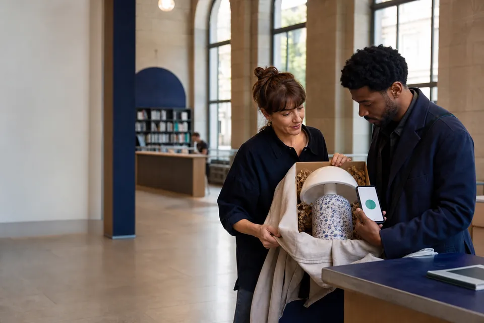 A ceramic artist and buyer inspecting a packaged handmade lamp at a staffed public meeting place.