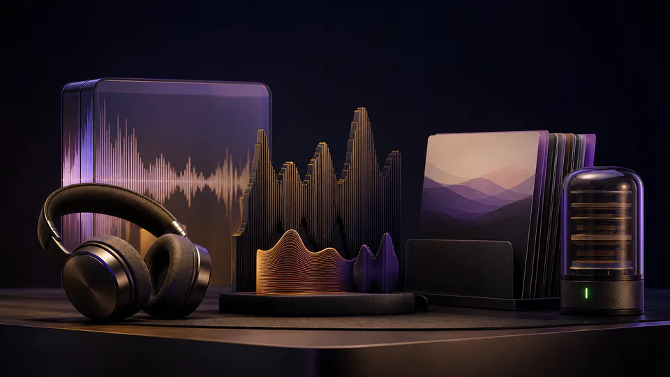 studio headphones beside sculpted audio waveforms