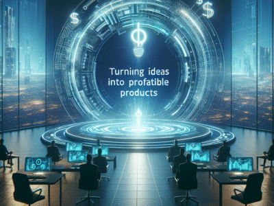 Futuristic scene showing qyrony monetization tactics: turn ideas into profitable products
