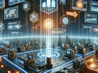 Futuristic scene showing upsell & cross-sell techniques to maximize qyrony profits