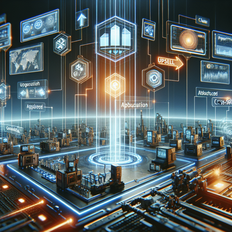 Futuristic scene showing upsell & cross-sell techniques to maximize qyrony profits