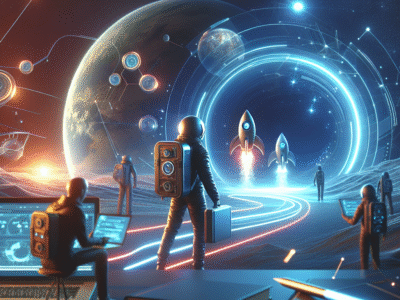 Futuristic scene showing qyrony for students and young entrepreneurs: start your digital journey