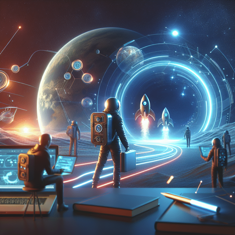 Futuristic scene showing qyrony for students and young entrepreneurs: start your digital journey