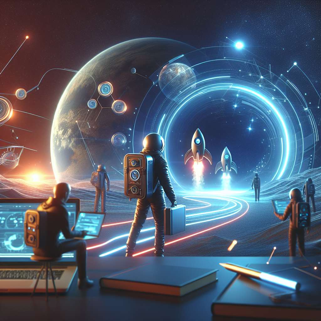 Futuristic scene showing qyrony for students and young entrepreneurs: start your digital journey