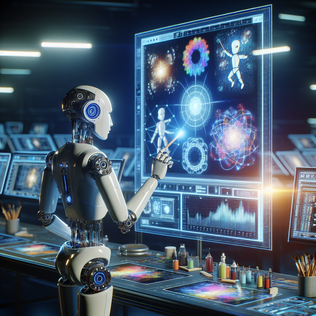 AI robot crafting digital products on a collaborative canvas