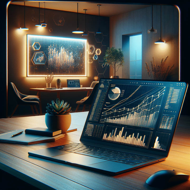 Cozy workspace with laptop showing sales charts