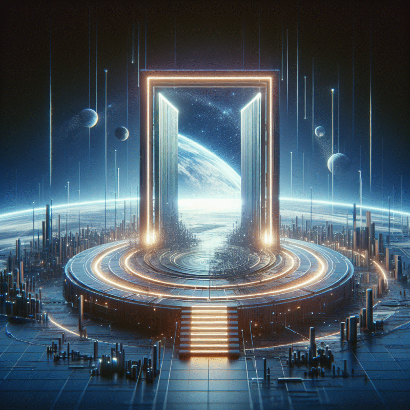 Futuristic platform gateway opening to digital seller opportunities