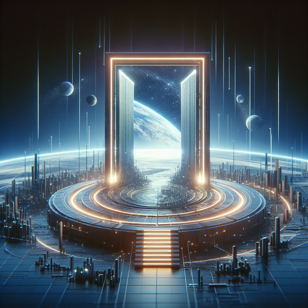 Futuristic platform gateway opening to digital seller opportunities