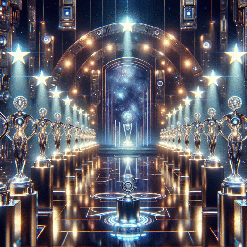 Awards ceremony with shining trophies