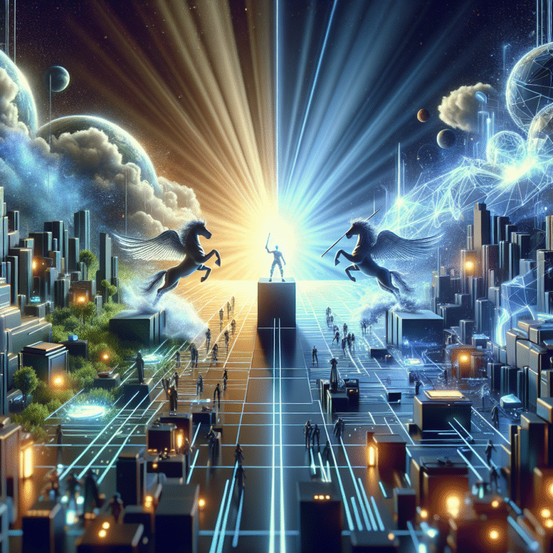 Futuristic scene showing qyrony vs etsy: the future of selling digital products