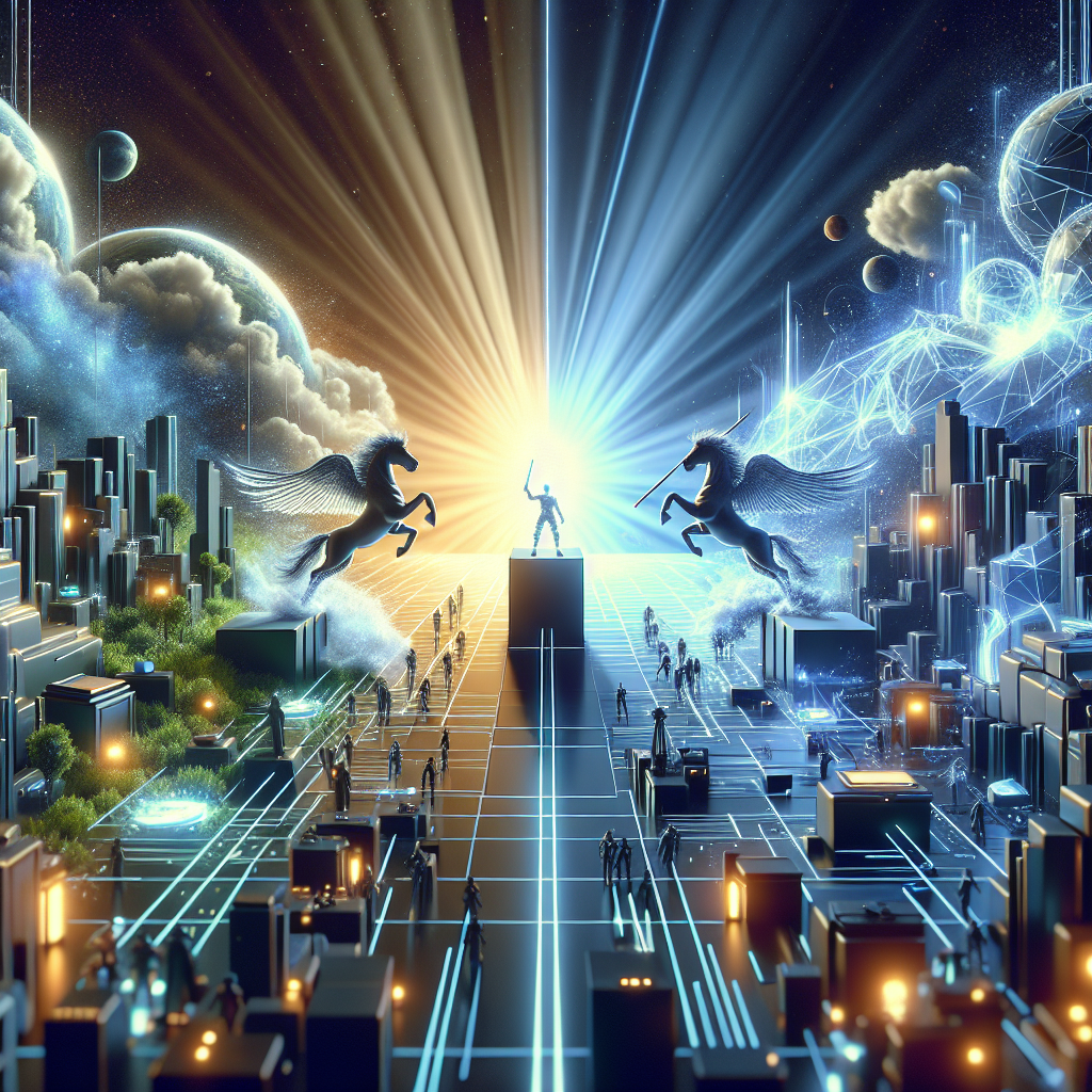 Futuristic scene showing qyrony vs etsy: the future of selling digital products