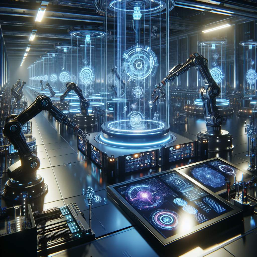 Futuristic scene showing qyrony automation tools that save time and multiply profits