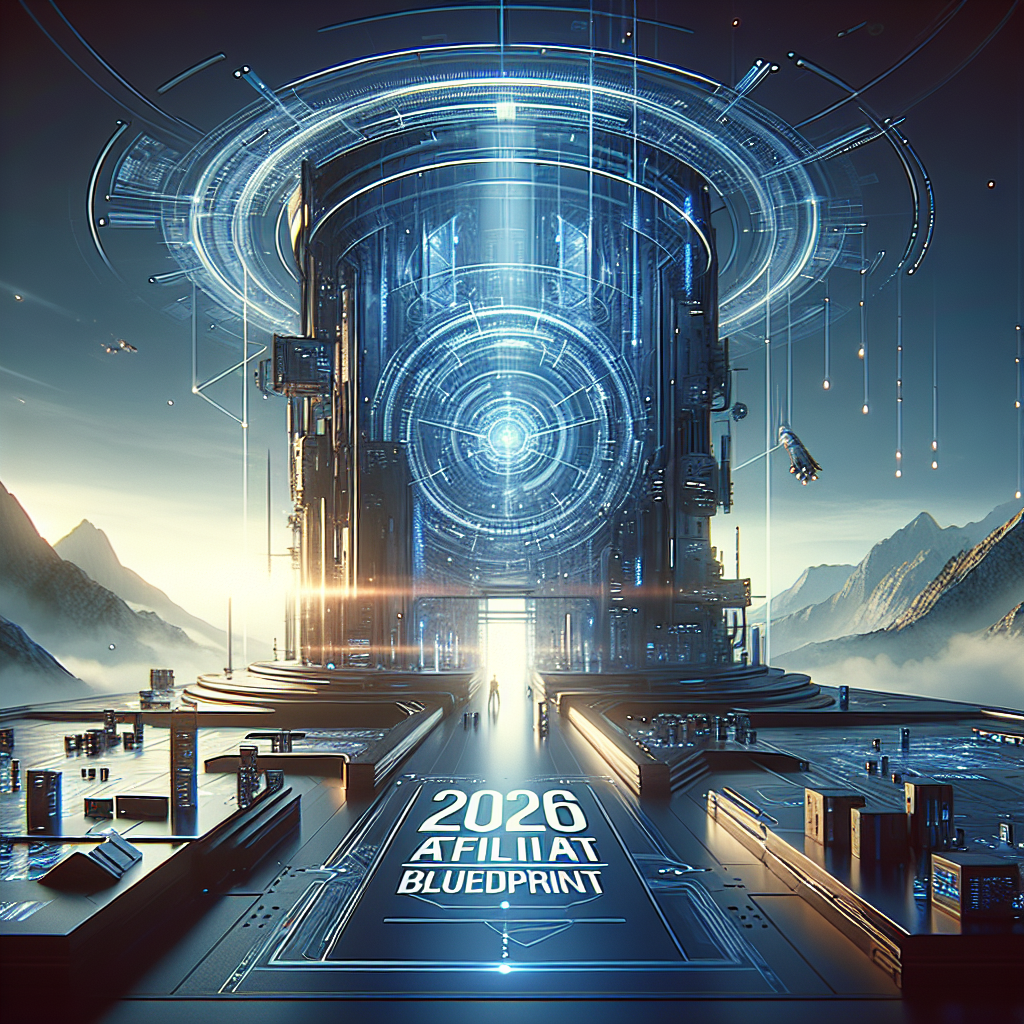 Futuristic scene showing qyrony 2026 affiliate blueprint: earn more by referring creators