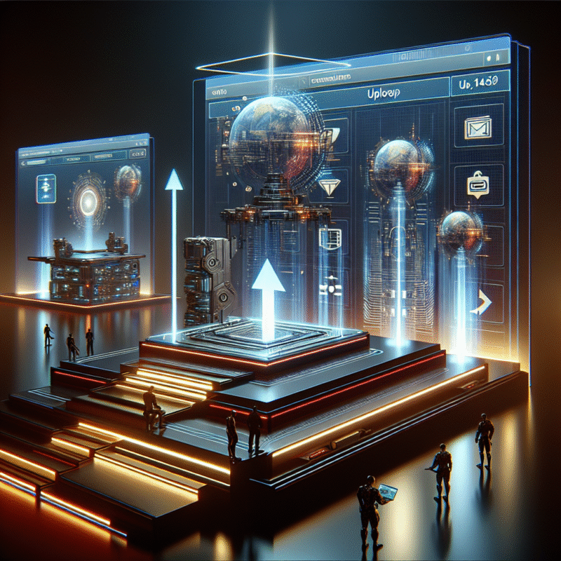 Futuristic scene showing step-by-step guide to uploading digital products on qyrony