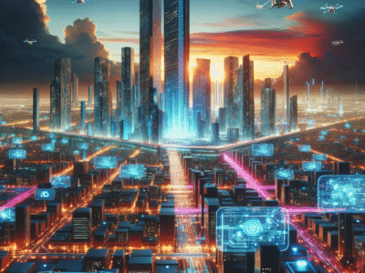 Futuristic scene showing qyrony and the rise of ai-powered marketplaces