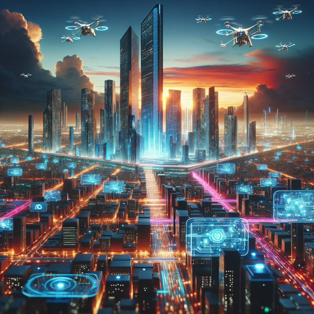 Futuristic scene showing qyrony and the rise of ai-powered marketplaces